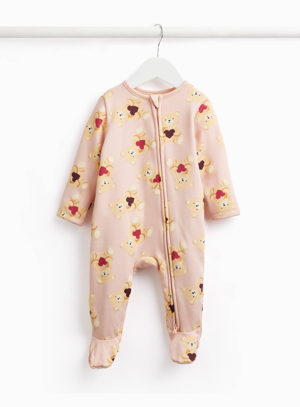 Pink Heart and Bear Print Fleece Lined Sleepsuit 3-6 months - Image 1